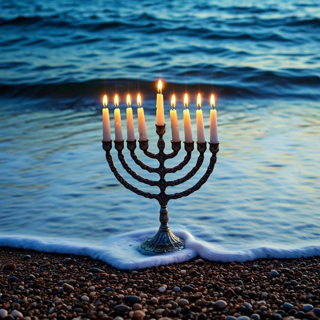 Gentle Waves Illuminating a Menorah in Soft Watercolor