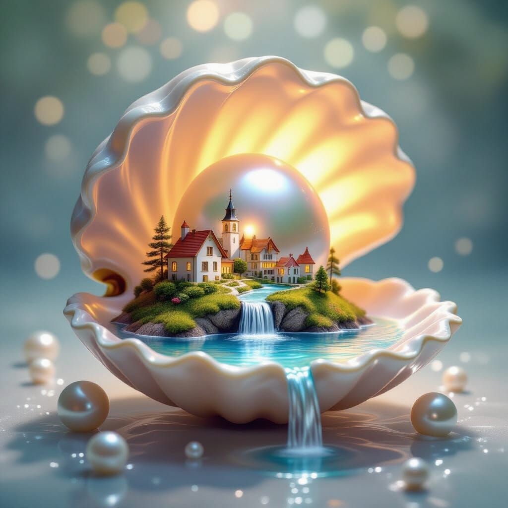 Surreal Village Inside Giant Pearl in Seashell