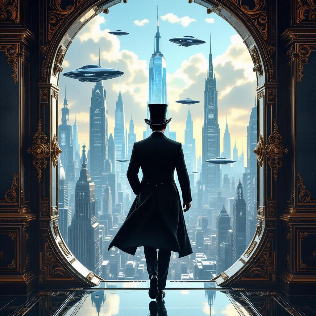 A Victorian gentleman in a top hat and tails, stepping through a shimmering portal into a futuristic ...  by @Russell 