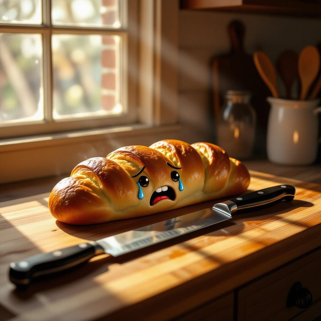 Menacing Knife Cuts Scared Challah Roll in Dramatic Light