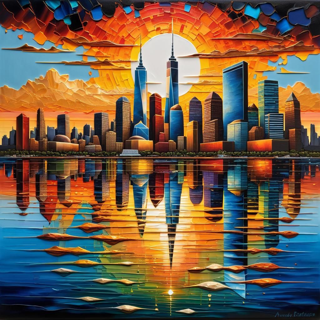 City Skyline Sunset in Mixed Media Illustration