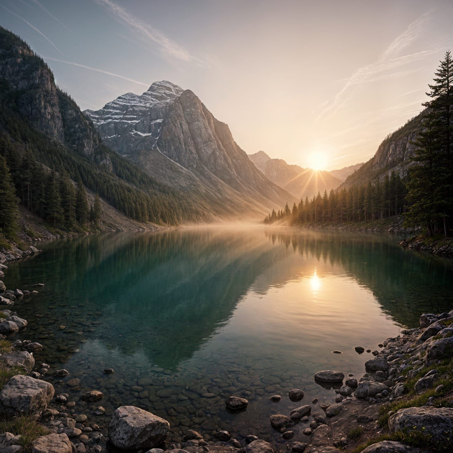 Ultra-realistic landscape photo of a mountain lake at sunrise, golden light reflecting on calm water, soft mist rising, crisp details in roc...
