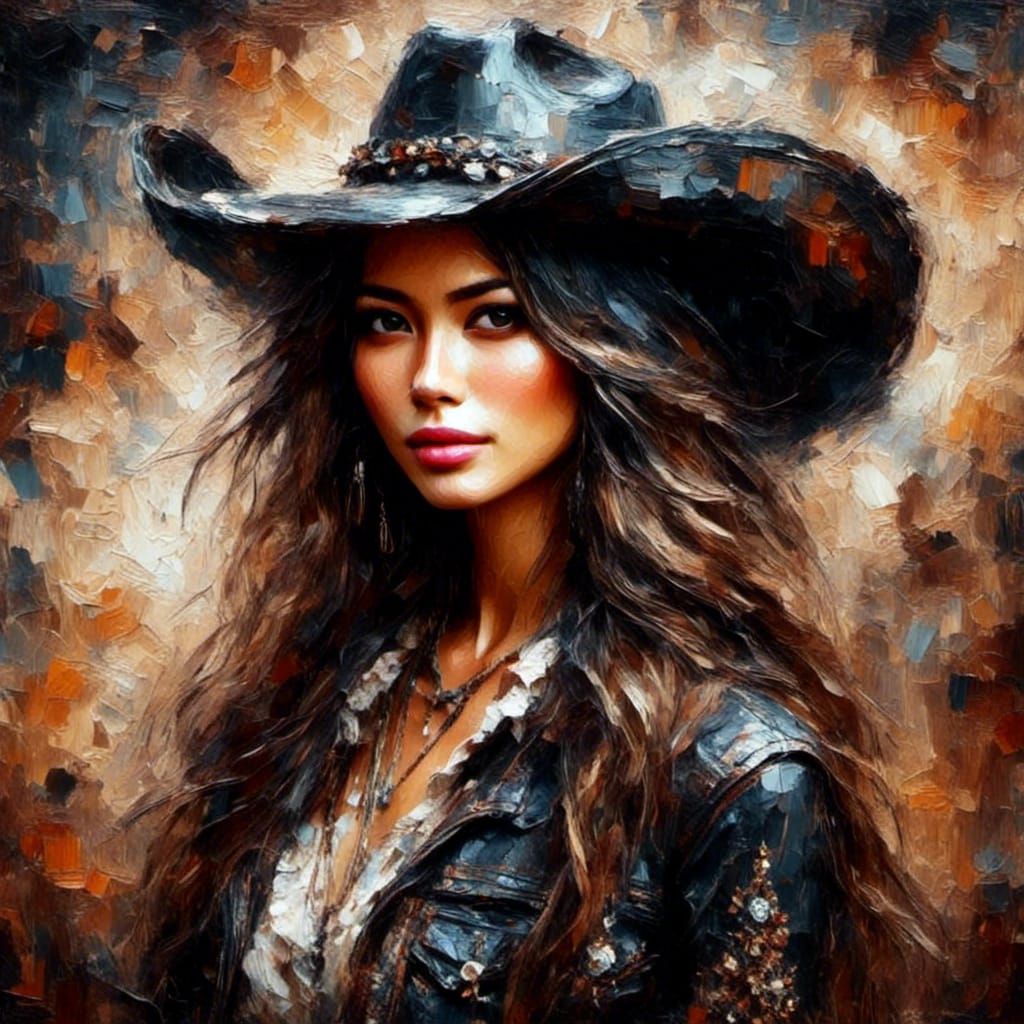 <lora:Intricate Oils:1.0> <lora:Boho Ladies:1.0> beautiful stunning asian cowgirl in black rustic leather sulty ex0tic in oil painting style...