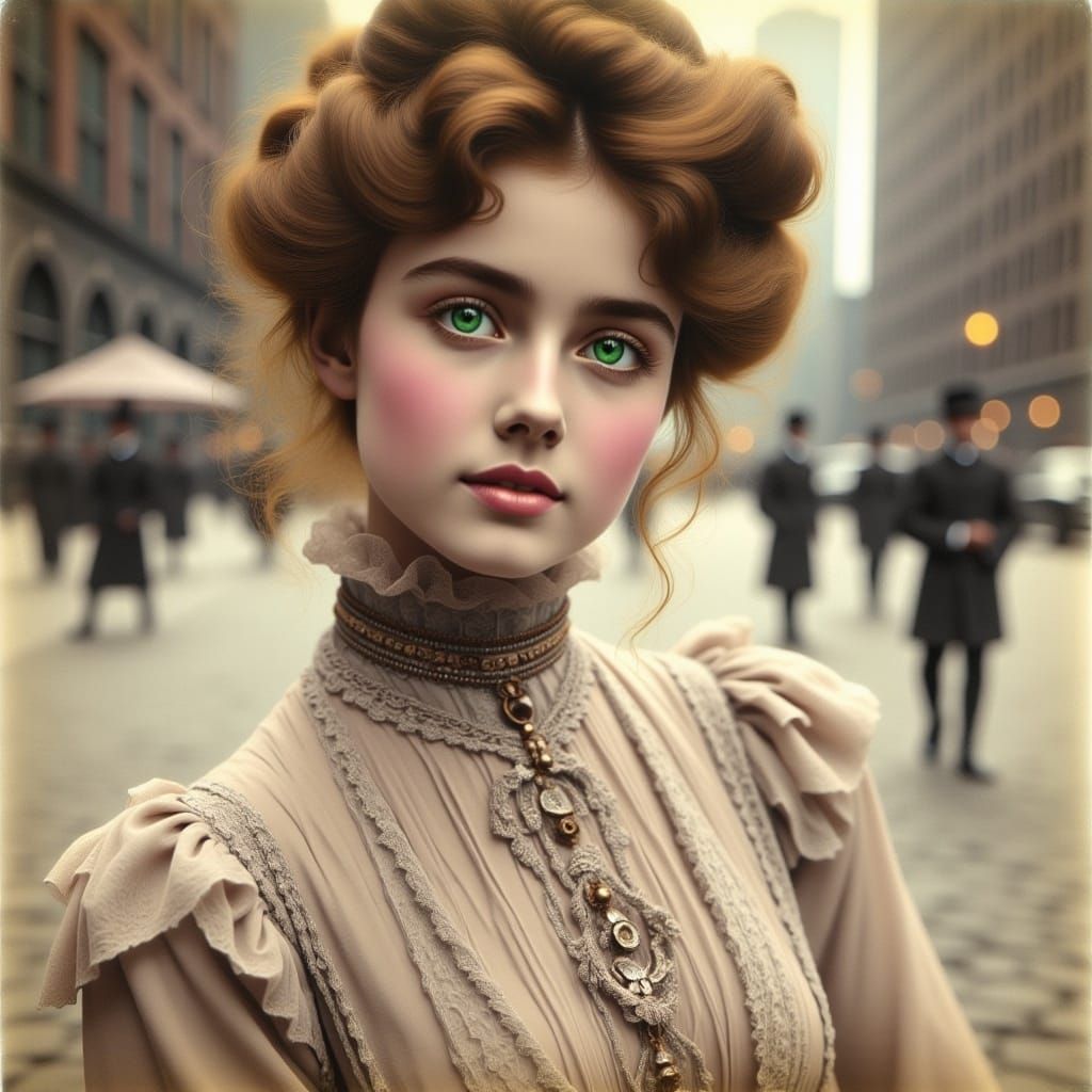 <lora:Flux Gibson Girl:1.0> beautiful ethereal edwardian woman with green eyes in Edwardian era New York City, softly smiling, colorized vi...