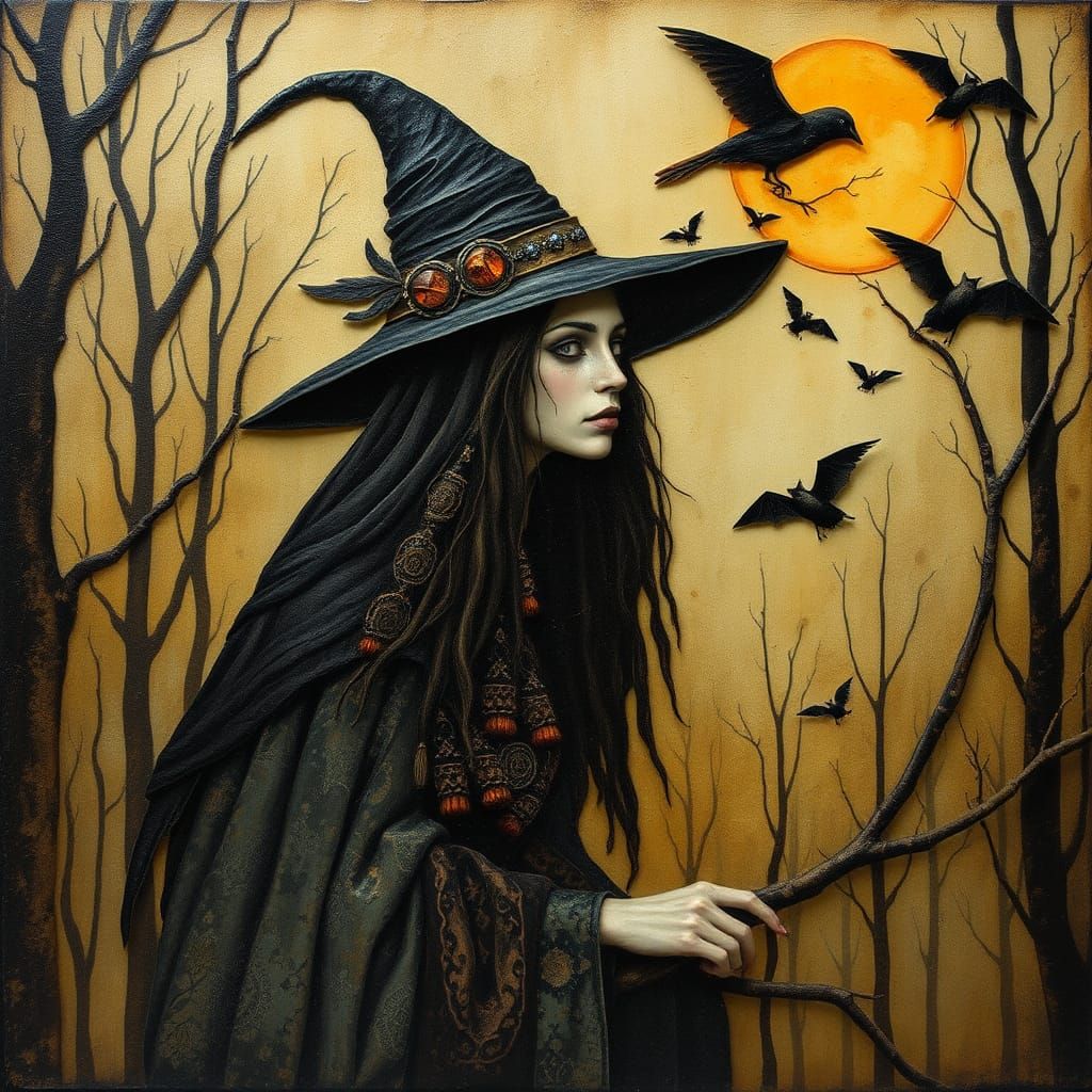 Collage Portrait, DRUID Witch, COMMUNING BIRDS, Flying bats, Forest. Encaustic. Alebrije style. Arthur ...  by @Krizza