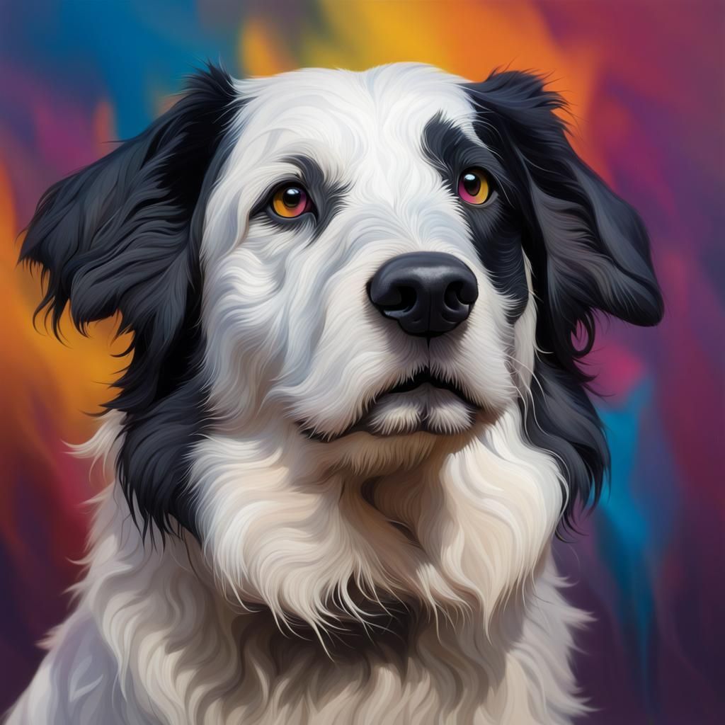 A white Stabyhoun (dog). The dog has a completely black head...