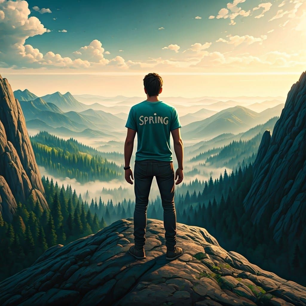 Man Standing on Majestic Mountain at Dawn