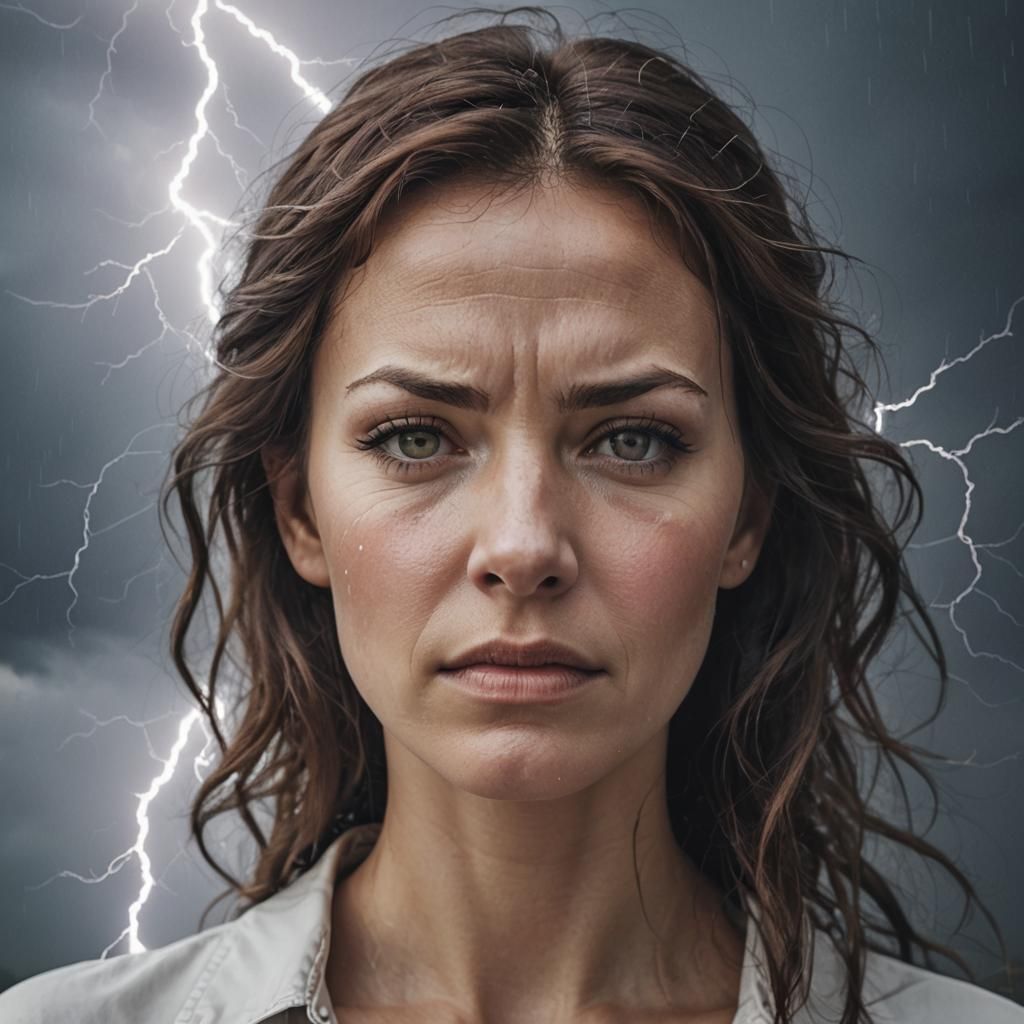 thunderstorm with lightning in a white graped woman. portrait. close up ...