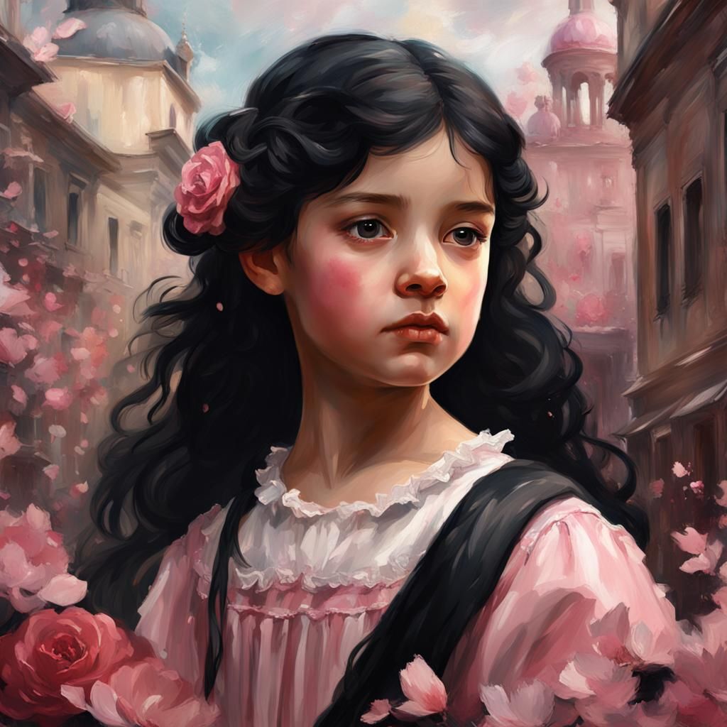 painting close up portrait of a young girl with black hair, ...