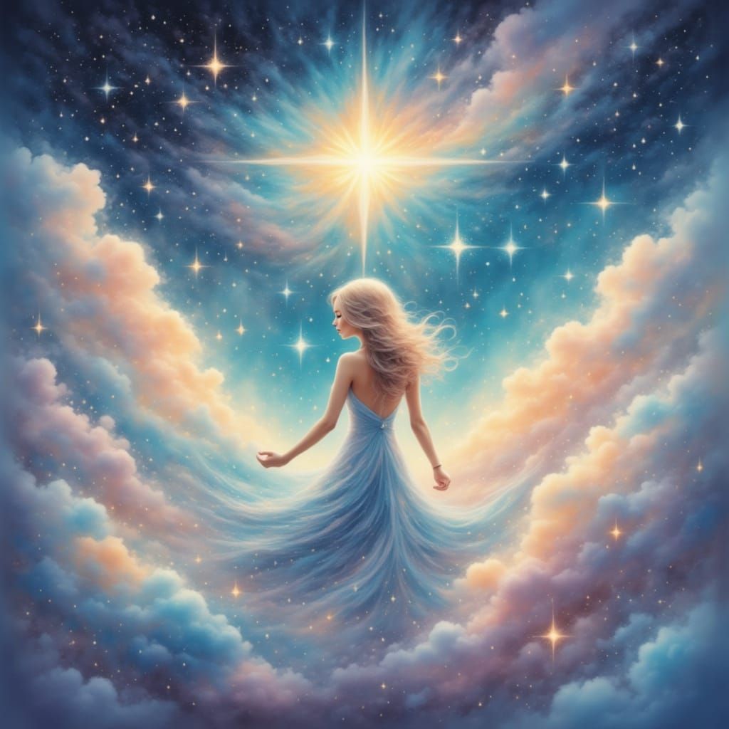 dream woman in fluffy soft lands of clouds enjoying a moment with a star <lora:Pastel Dreams:1.0>