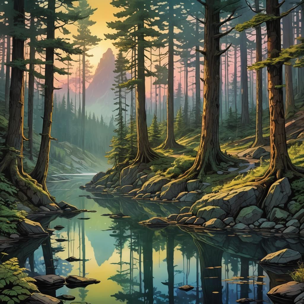 forest lake, downhill, magnificent dawn  by @Base the Bass