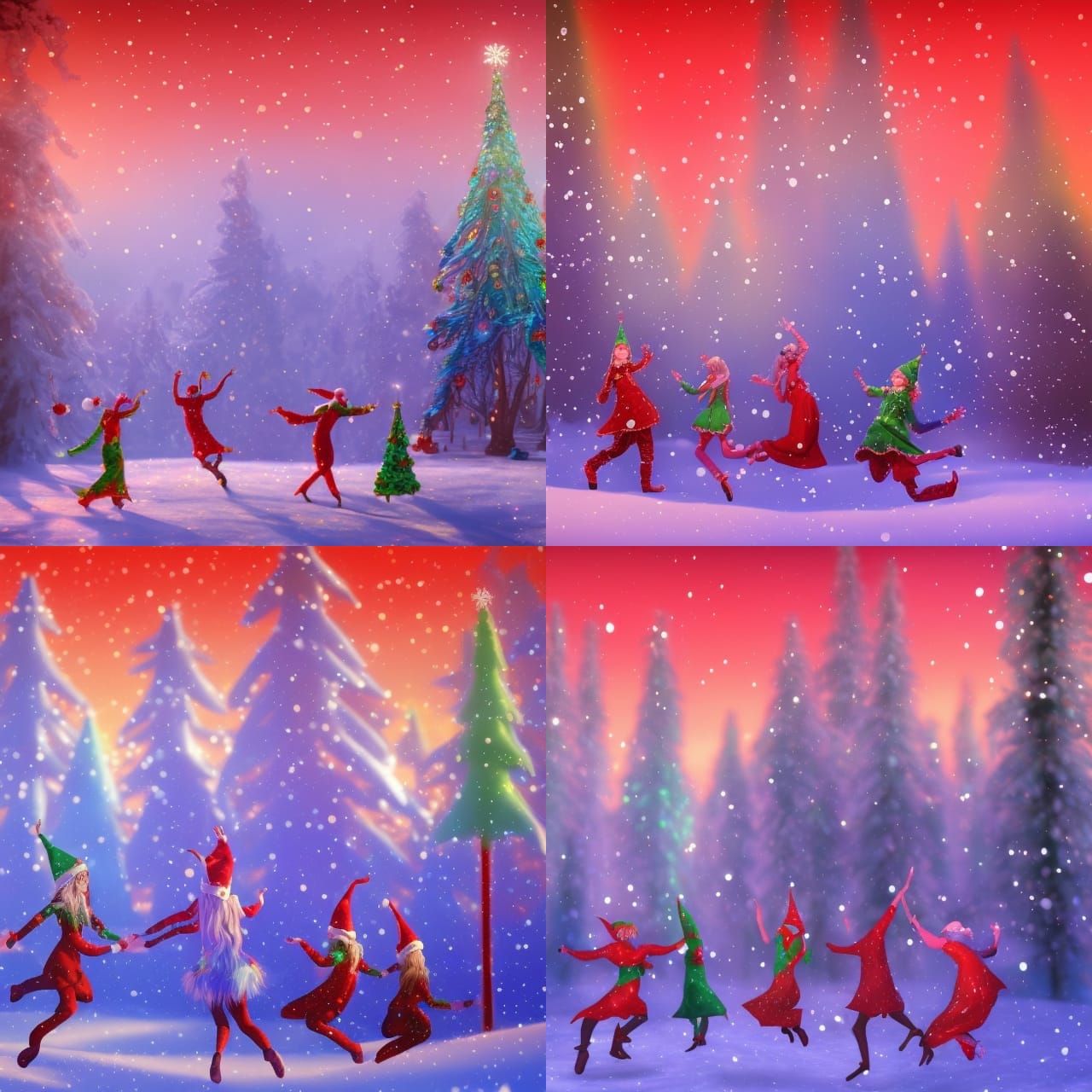 Christmas art, elves dancing around frosty, snow flakes falling detailed matte painting, deep 