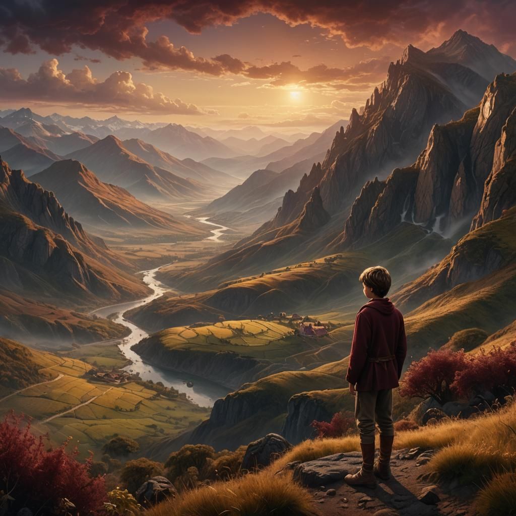 Boy in Wine-Colored Mountain Landscape, Fantasy Concept Art