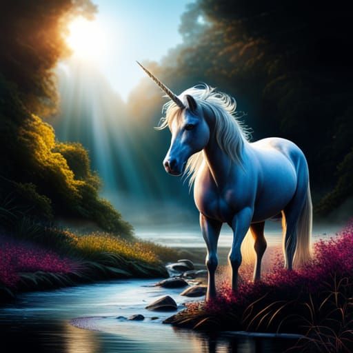 Colorful Unicorn in Misty Landscape: Cinematic Image