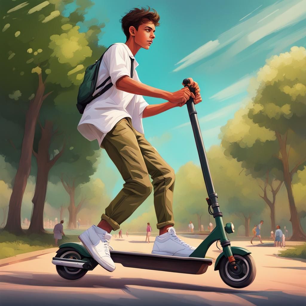Handsome Teen on Scooter in Park: Splash Art