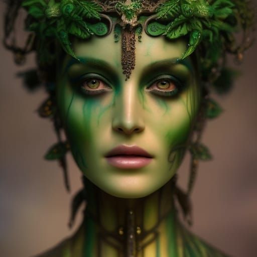 Beautiful Celtic priestess dressed in green velvet dress, in a mystical ...