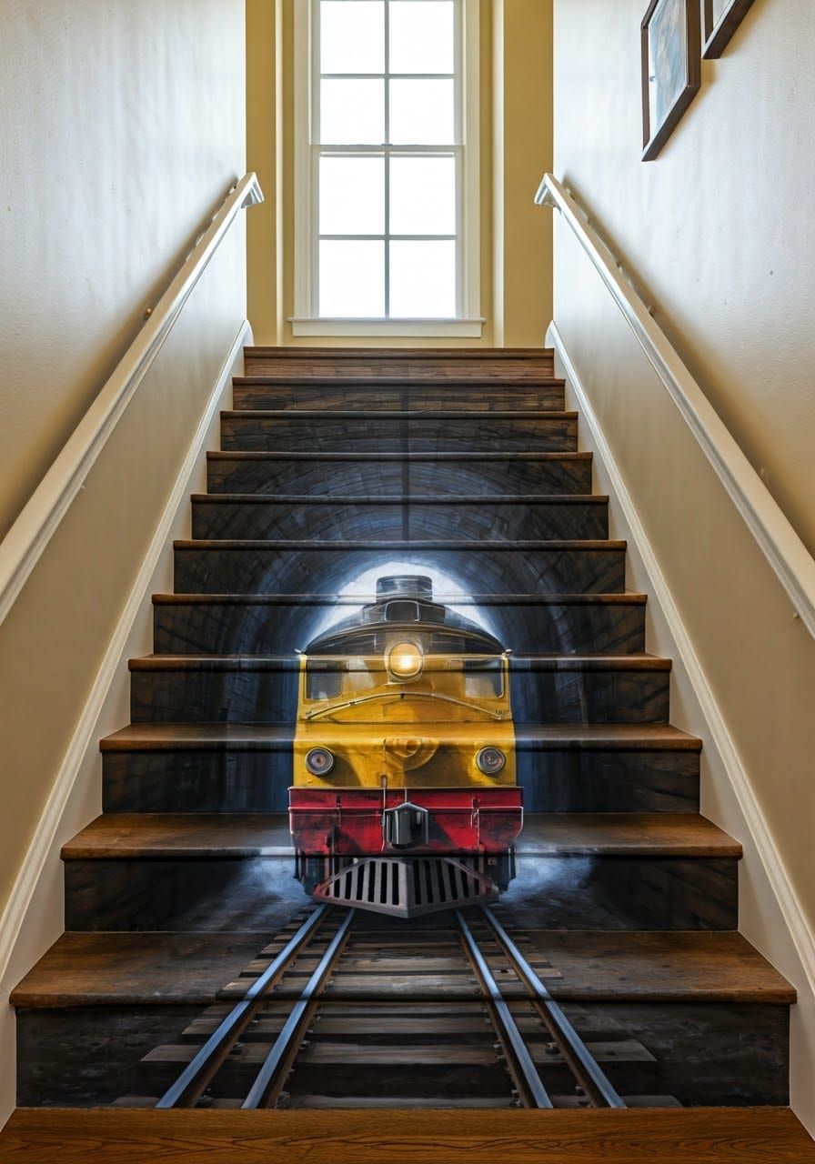 Staircase Train Emerging from Dark Tunnel