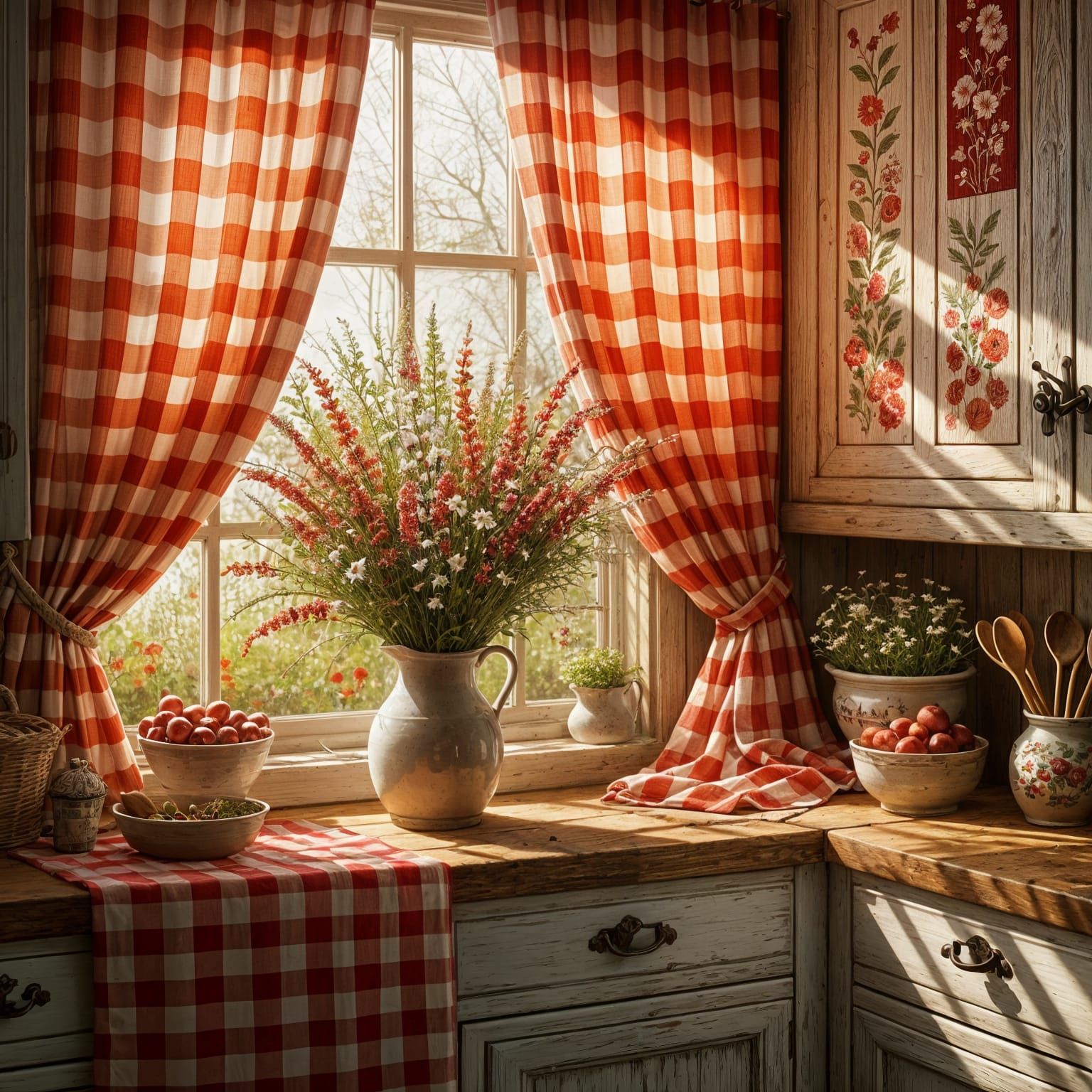 A quaint country kitchen with vibrant red and white gingham curtains.   by @KomBib