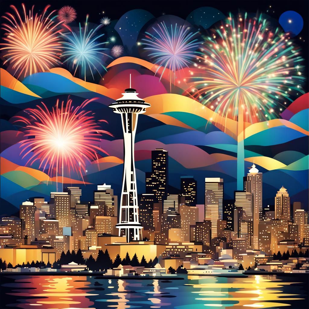 Seattle Washington skyline showing the Space Needle tower! View From Elliot Bay!   by @Timmy Contraros