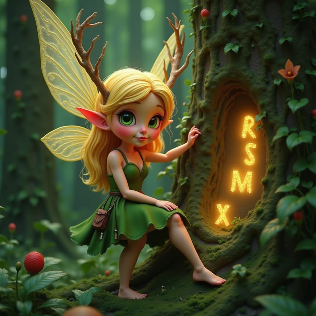 <lora:Lily Fairy Character:1.0>A forest guardian fairy with antler-like horns, mossy robes, and glowing runes etched into tree bark — ancien...