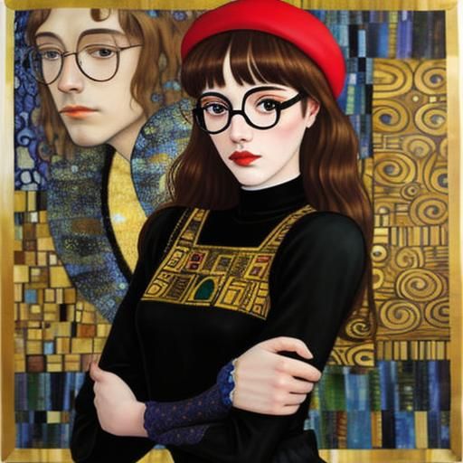 Beatnik poet black tights glasses beret brown hair Klimt Bot...