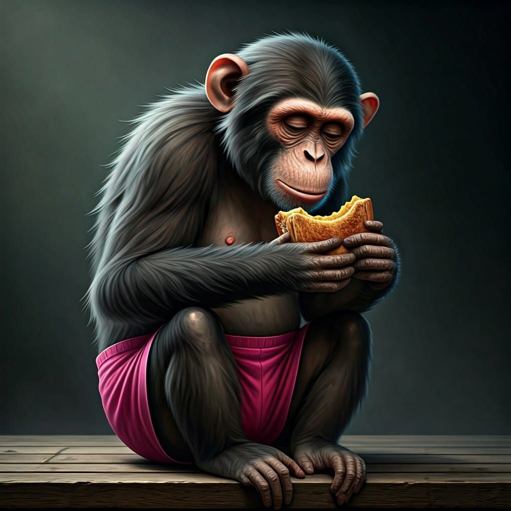 Gigi the monkey wearing hot pink shorts, eating marmite and cheese toastie falling asleep, hyper realistic, hdr, funny, cartoon.