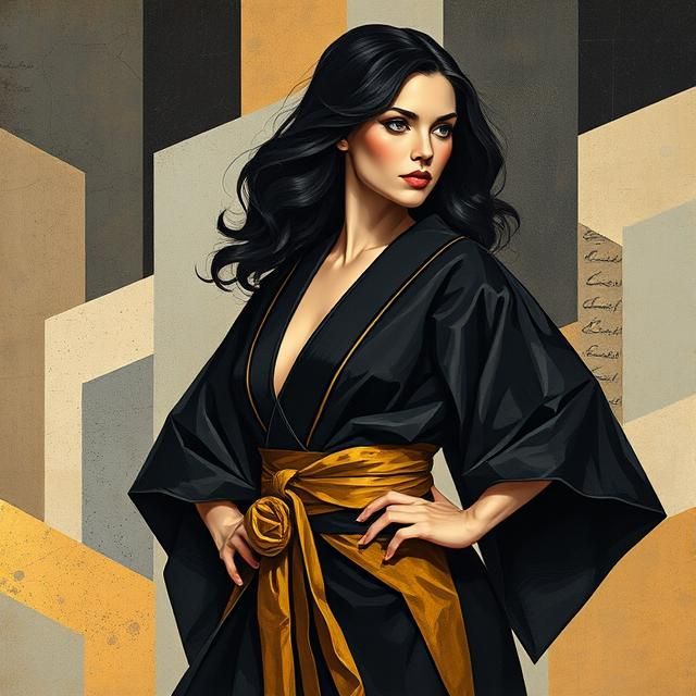 WONDER WOMAN  IN A BLACK AND GOLD  KIMONO.