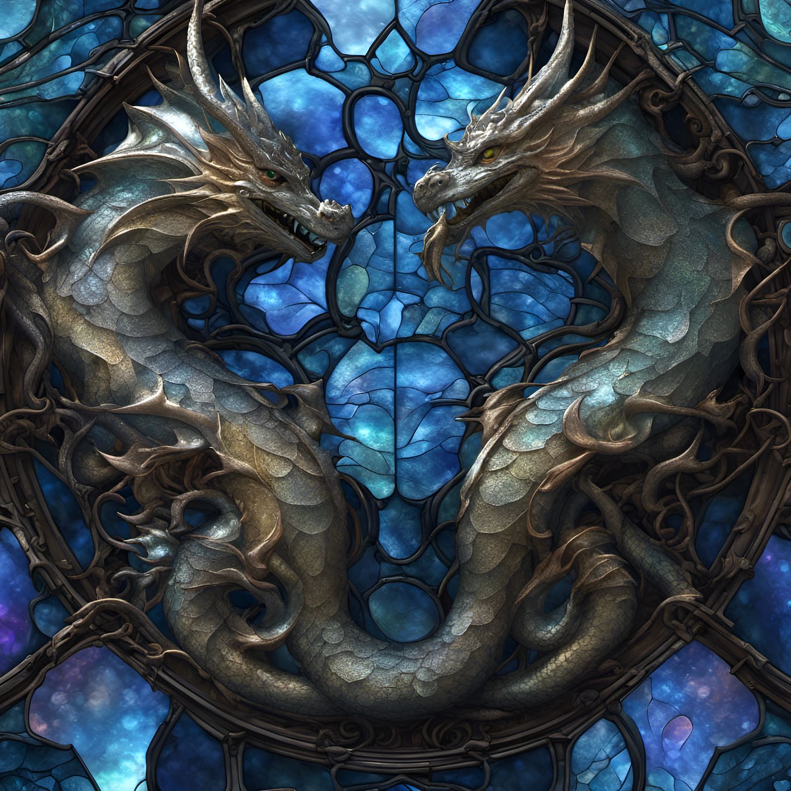 Glittery, shiny, reflective, Dragons in stained glass, Dicloric glass