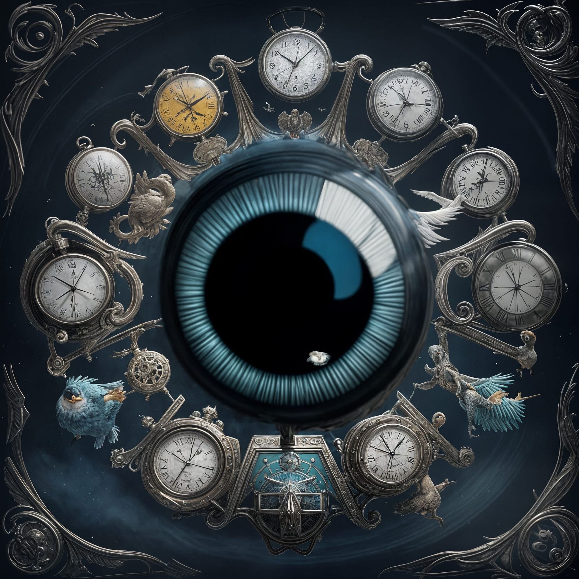 A flying flock, a flock of evil and menacing winged alarm clocks chasing a person in pajamas and carrying a briefcase, " I scream for " weir...