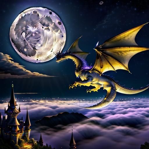 (Fantasy Dragon:1) flying in the air under (starry night sky...