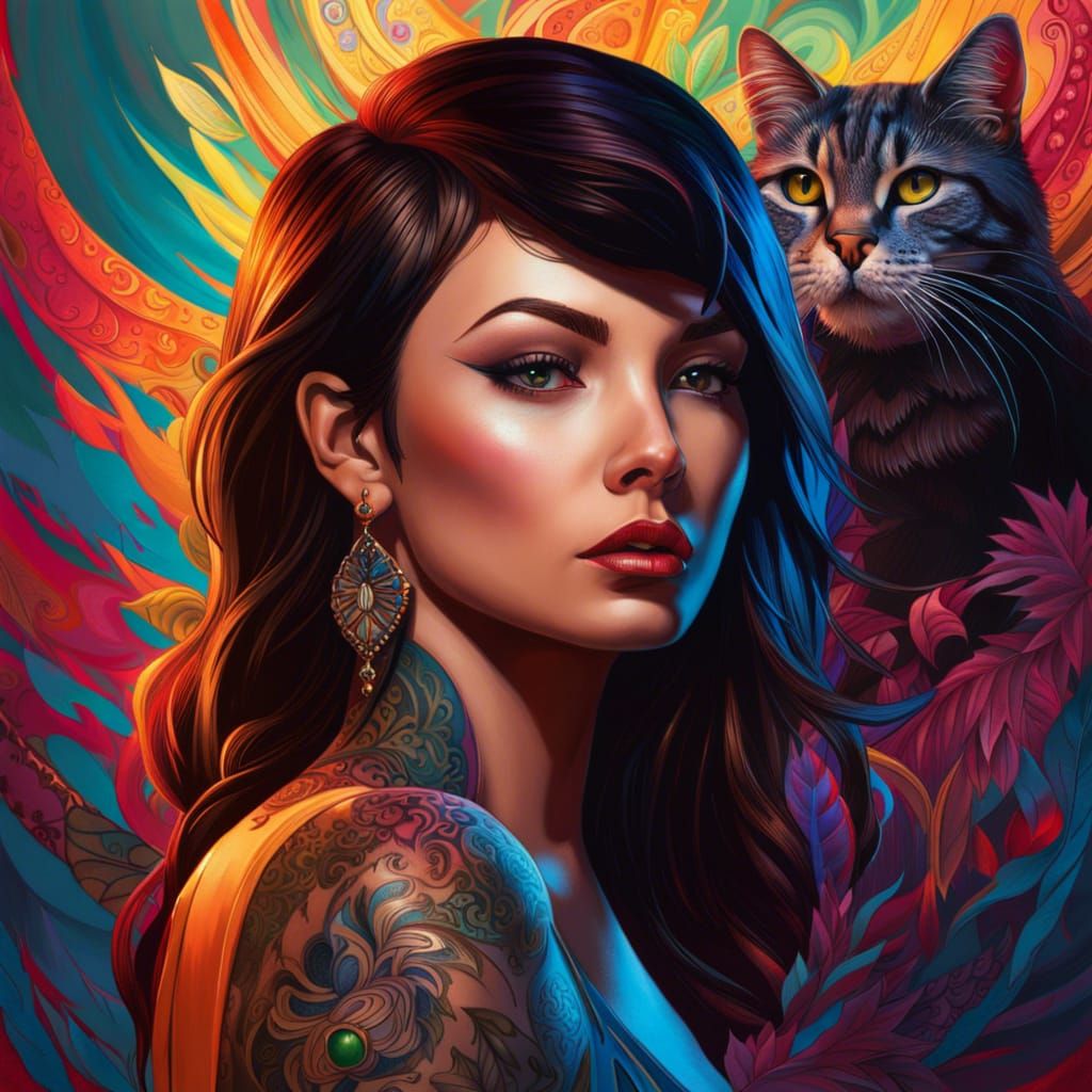 Brunette with cat eye make-up and tatoos