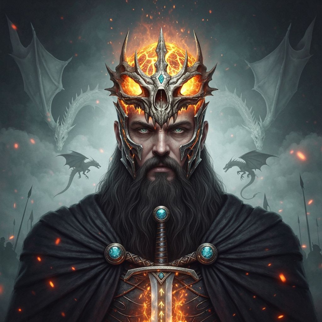 A surreal portrait of a king forged in myth, wearing a dragon skull crown that glows from within with molten gold veins and embedded gemstones