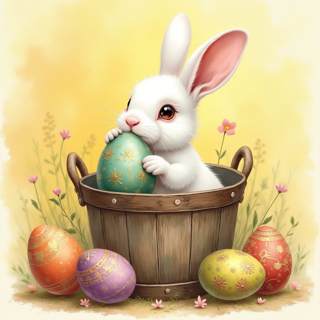 Watercolor illustration, close-up of a cute white rabbit,   by @undefined