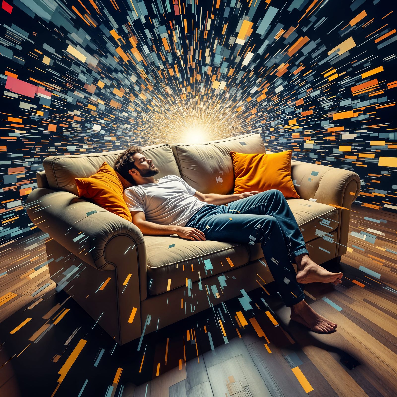 Man Sleeps as Sofa Warps Through Space-Time