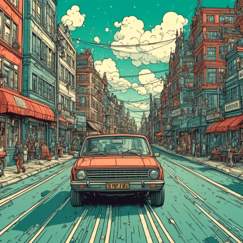  <lora:Comic Style:1.0> Car driving down the street