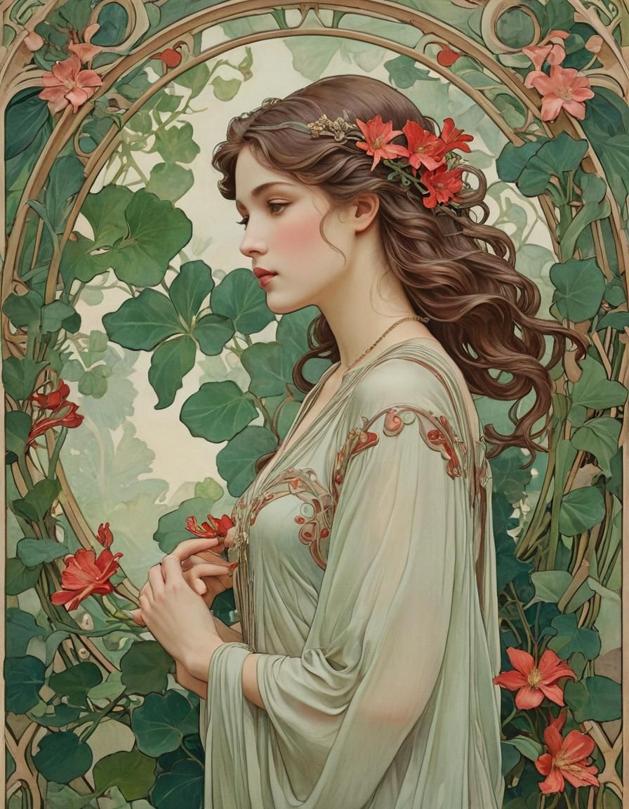 Woman & Flowers (Art nouveau style) AI Generated Artwork NightCafe