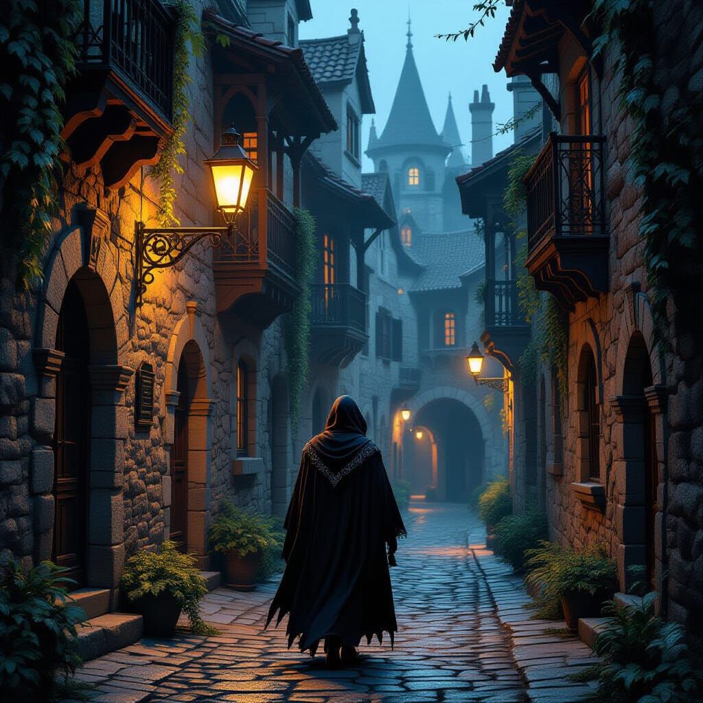 A digital painting depicting narrow medieval alleyways illuminated by warm, antique street lamps. Cobblestone ...  by @esmir