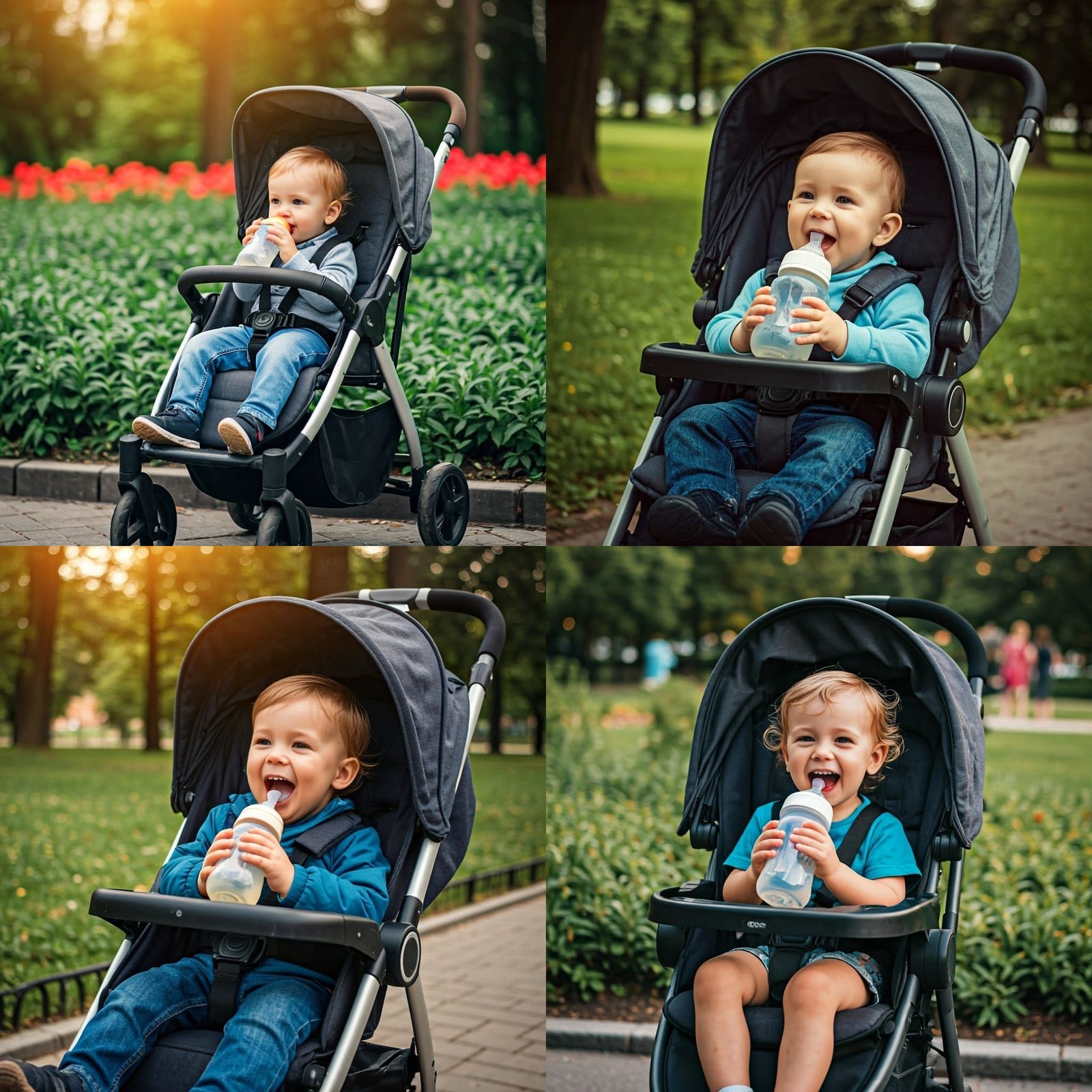 Joyful Baby Drinks Bottle in Vibrant Urban Park Scene