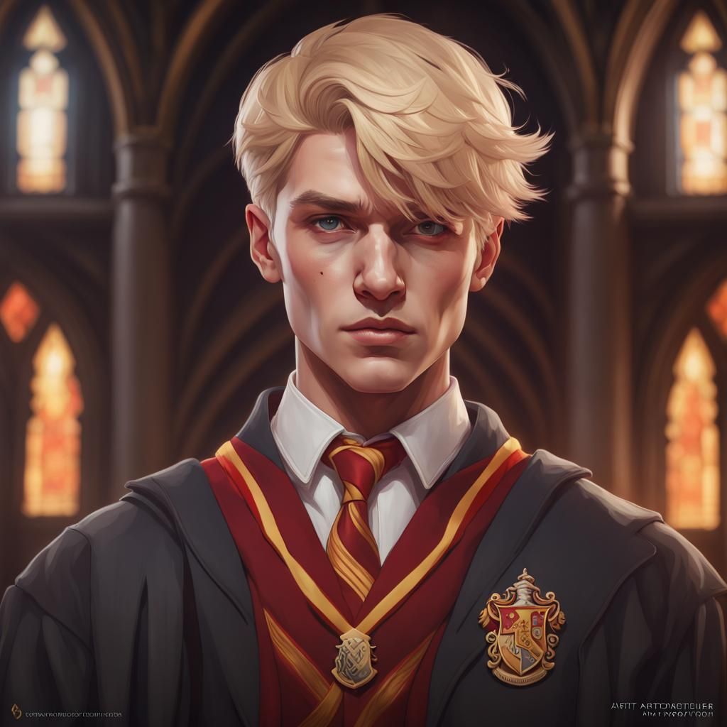 goth boy, dark eyes, blond, gryffindor uniform, hogwarts red and gold ...