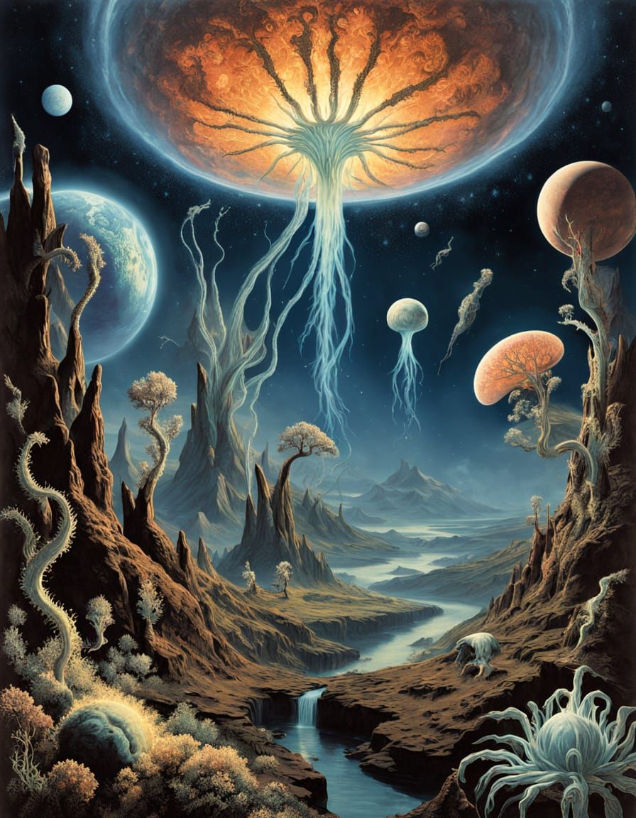 A solitary astronaut adrift in a nebula of swirling cosmic dust, reaching out towards a giant, bioluminescent alien plant that seems to puls...