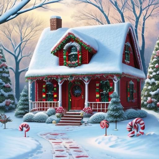 A fantastically detailed gingerbread house in a snowy winter...