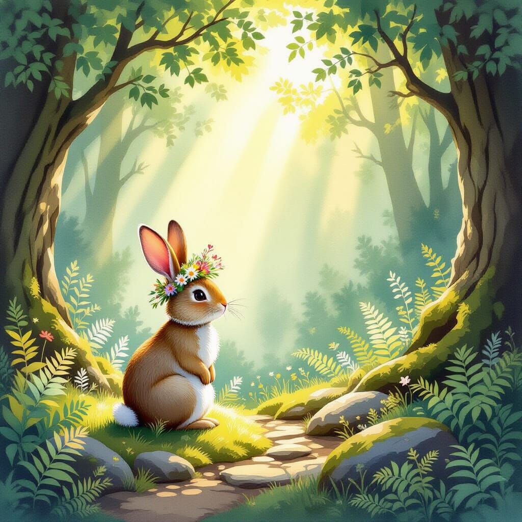 Whimsical Rabbit in Wildflower Crown in Forest Clearing