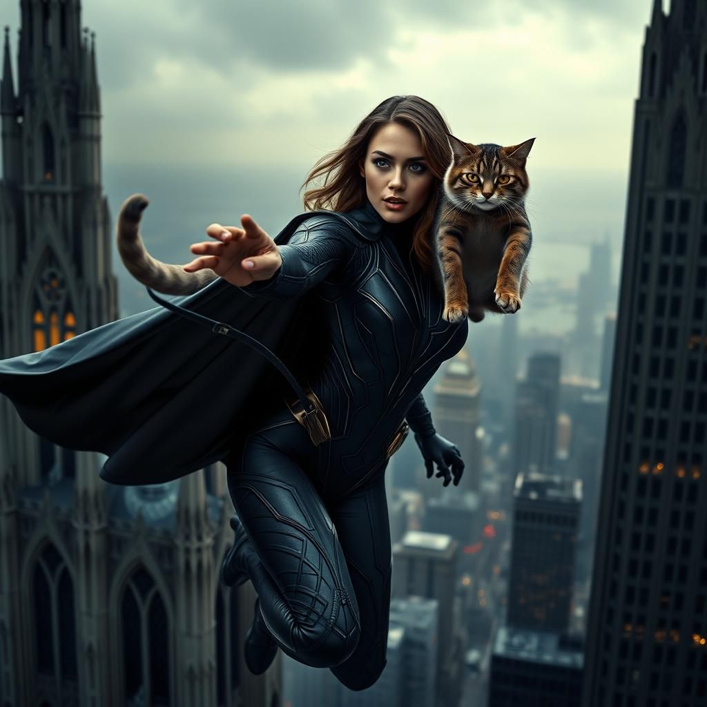 super model, super hero, saving a cat falling from a Neo Gothic skyscraper, Cinematic film still, shot on v-raptor XL, film grain, vignette,...