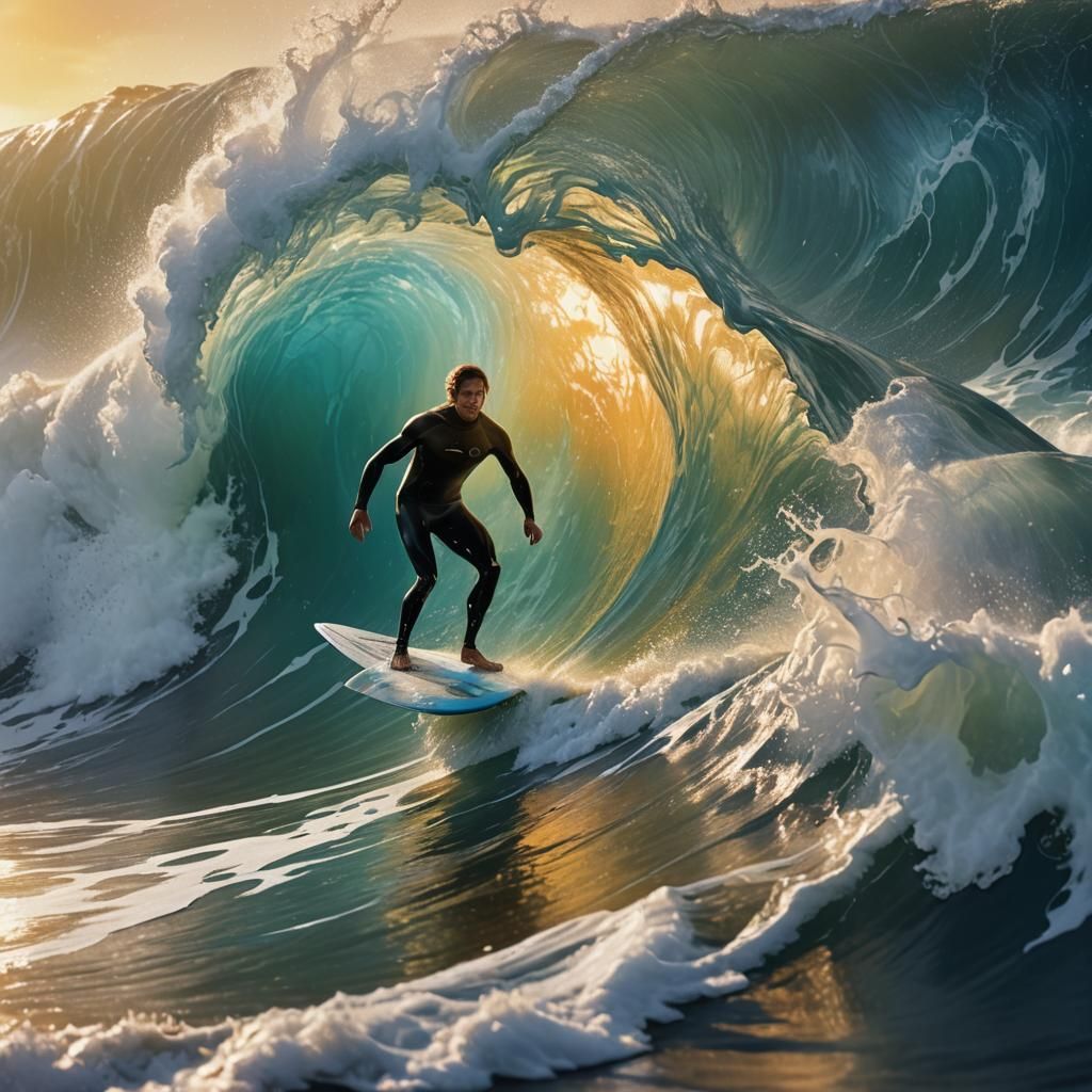 Surfer Rides a Massive Wave: Oil Painting
