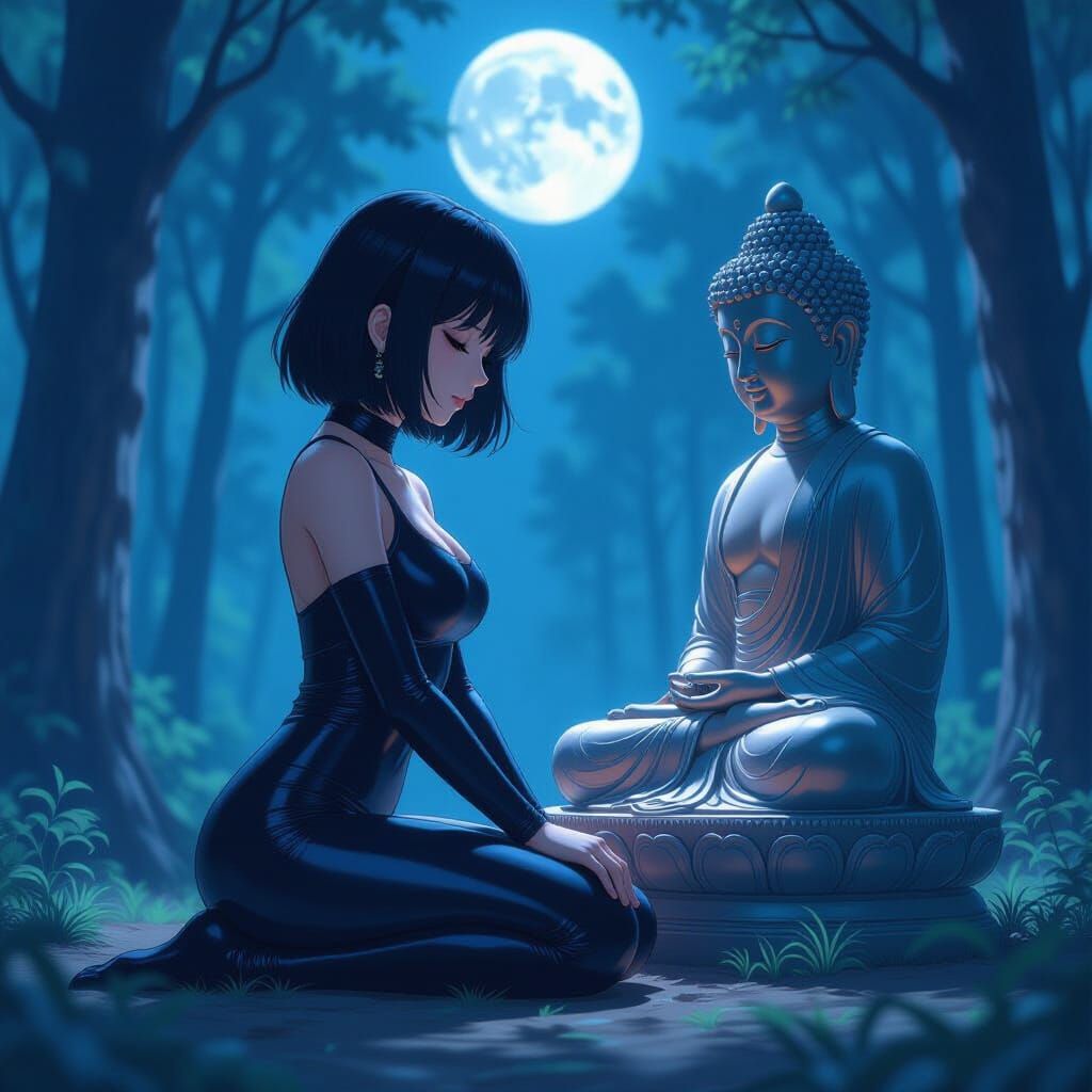Anime Woman Kneels Before Buddha Statue Under Moonlight