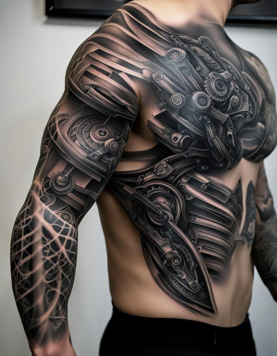 black and grey, biomechanical, back of arm tattoo; Full arm tattoo ...