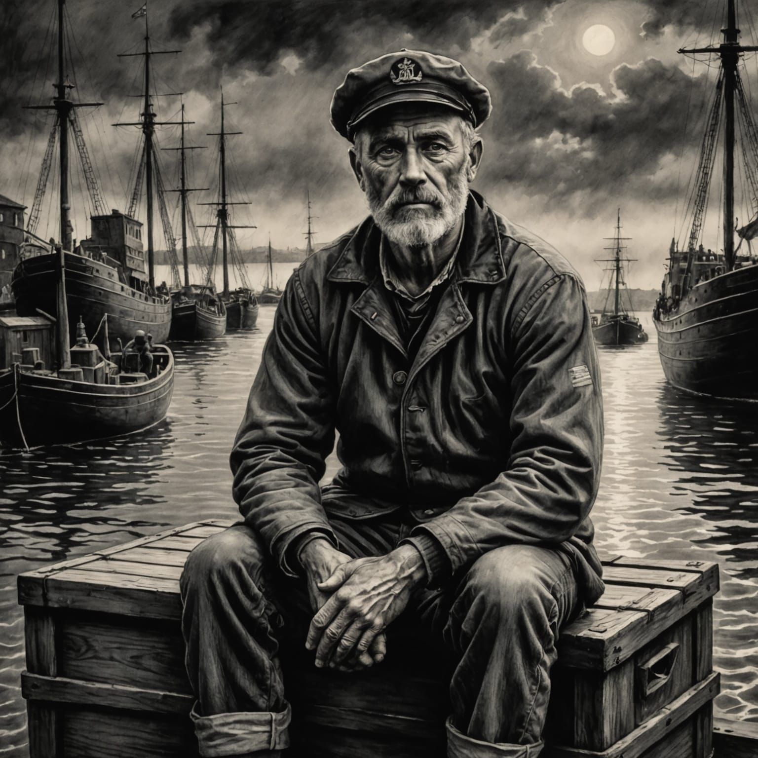 A grizzled sailor sits on a crate in a dimly lit harbor, his face etched with tales of the sea.  by @JimAZ