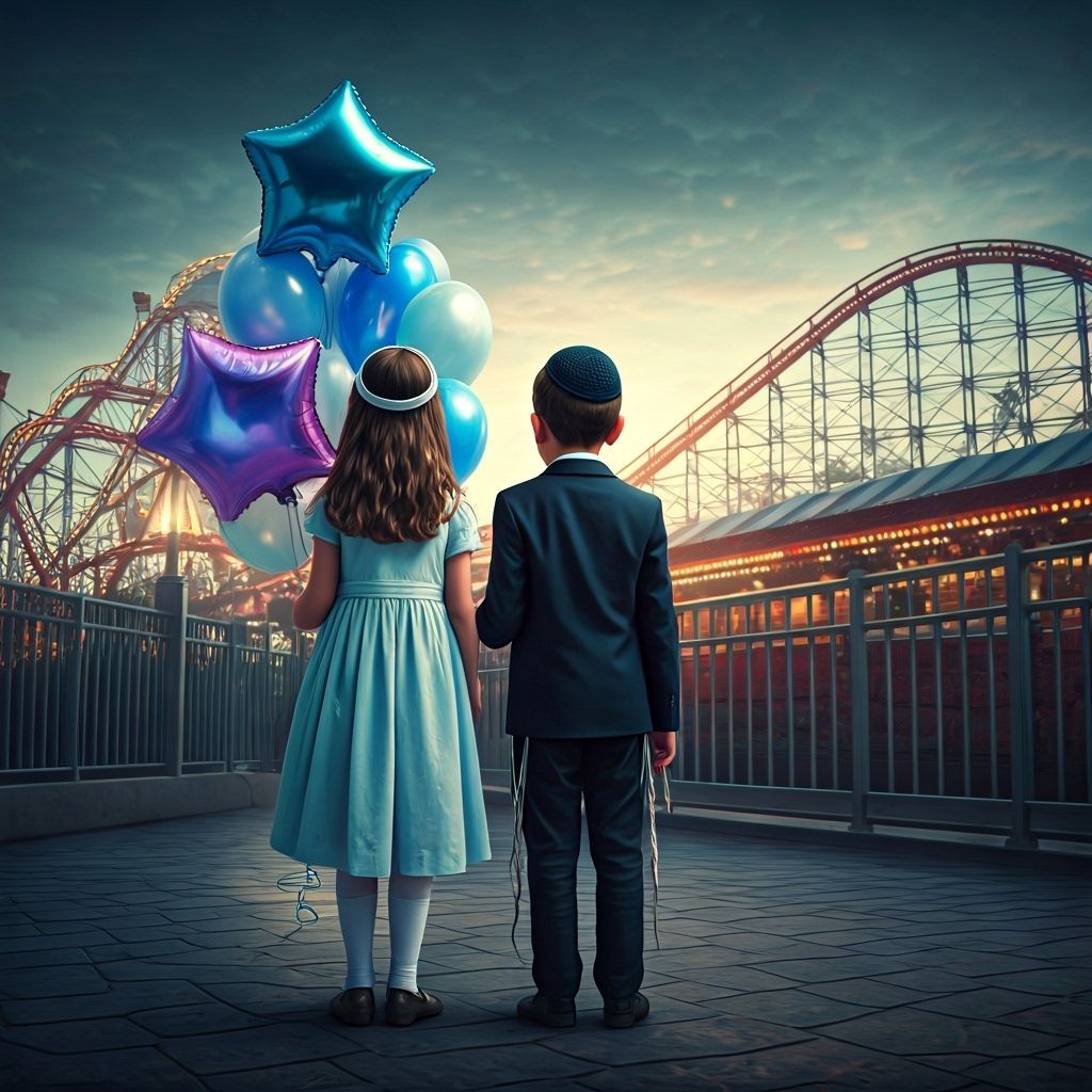 Children with Balloons at Amusement Park, in Art Nouveau Sty...
