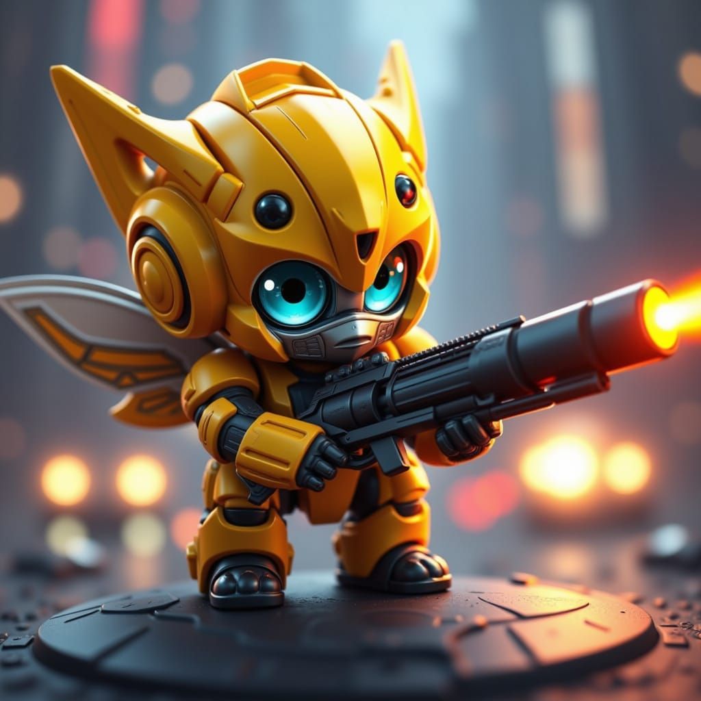 <lora:Chibi-Chibi:1.0> a chibi Bumblebee shooting a laser-rifle