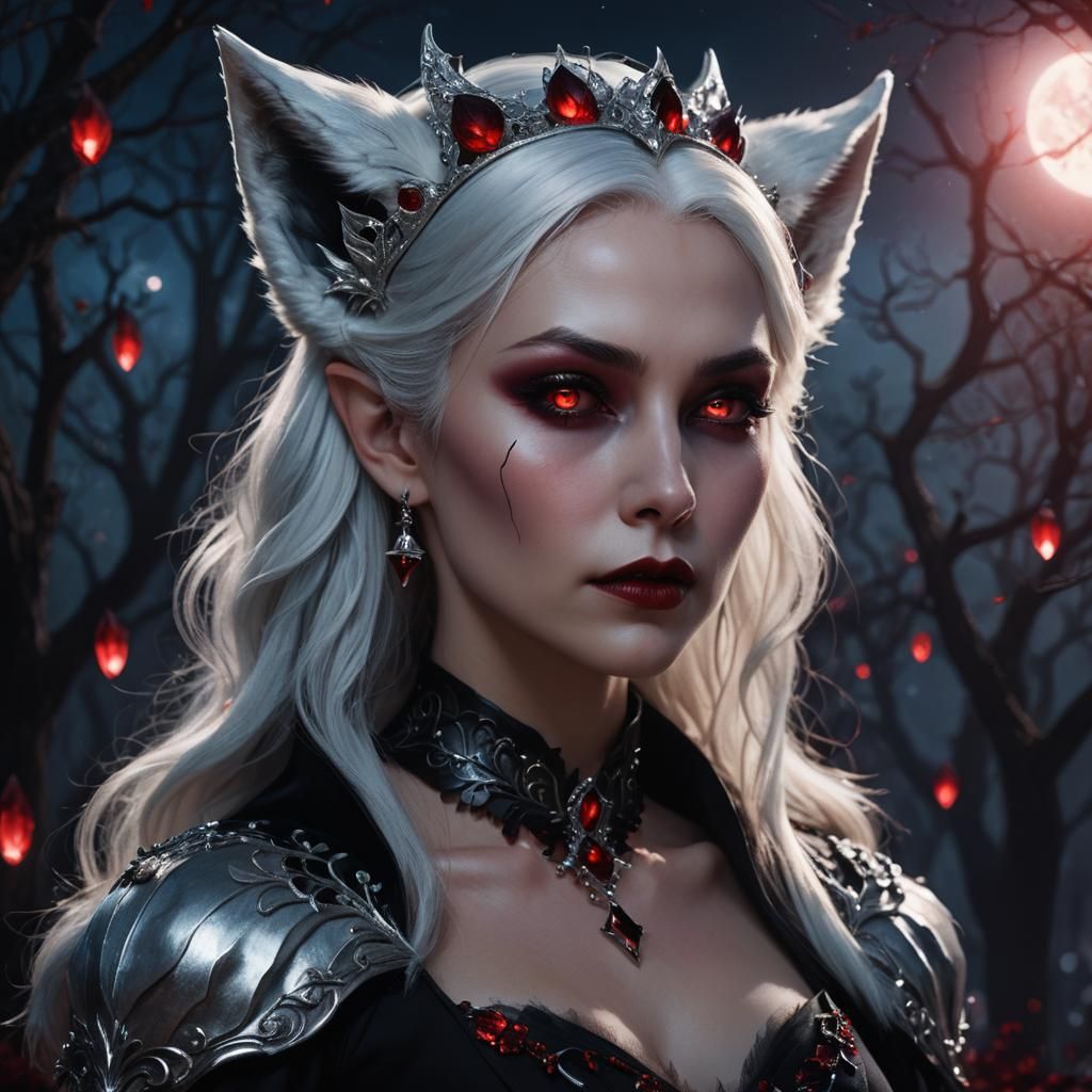 korean lady silver hair black dress red crystals white fox e...